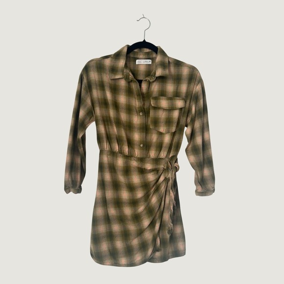 Zara Dresses & Skirts - Zara Plaid Shirt Dress Size 13 Green Pink Ecru Tie Waist Detail Button Front